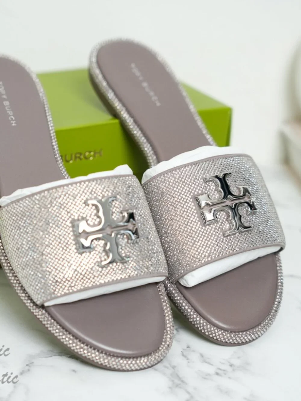 Tory Burch Everly Rhinestone Slide Sandals in Dark Clay/Crystal size 9 NIB